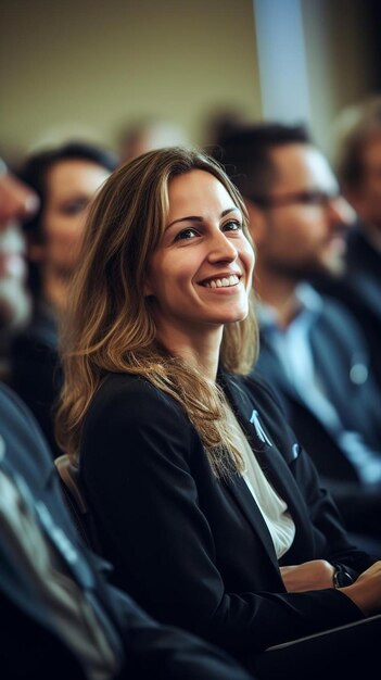 una donna sorride a una conferenza con altre persone sullo sfondo