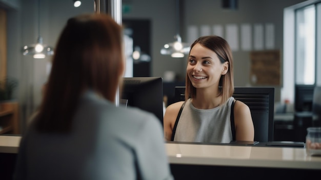 Una donna sorride alla scrivania di un ufficio bancario.