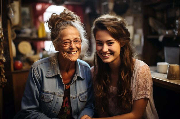 Una donna sorride con una giovane donna in una stanza.