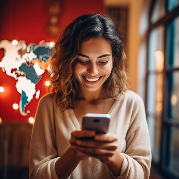 una donna sorride e guarda il suo telefono