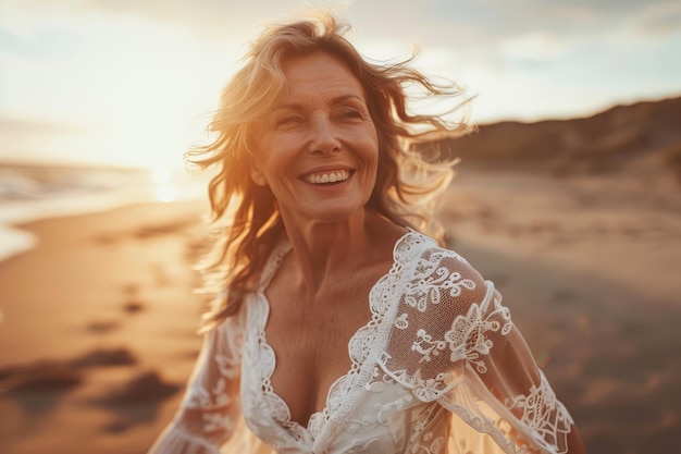 Una donna sorride e indossa un vestito di pizzo bianco su una spiaggia