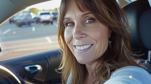 Una donna sorride in un'auto.