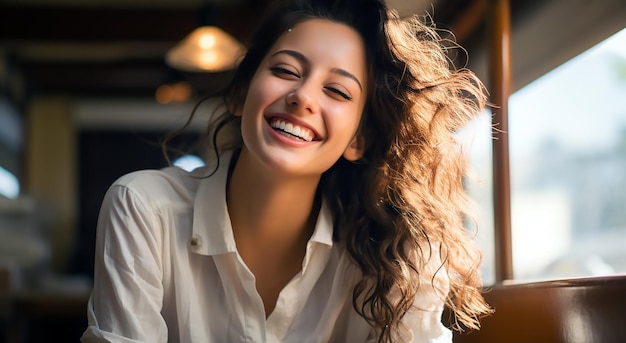 Una donna sorride in un caffè con un sorriso