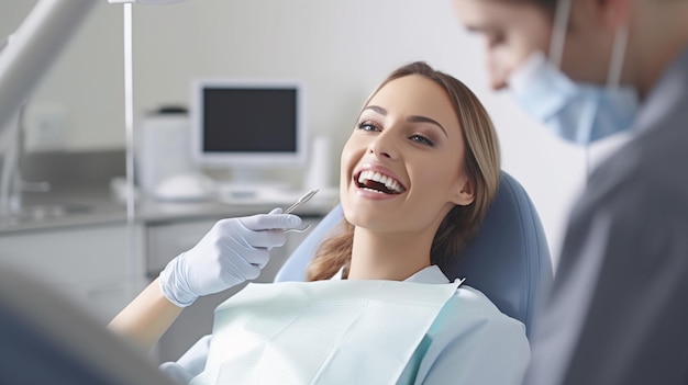 Una donna sorride mentre è seduta su una poltrona del dentista.