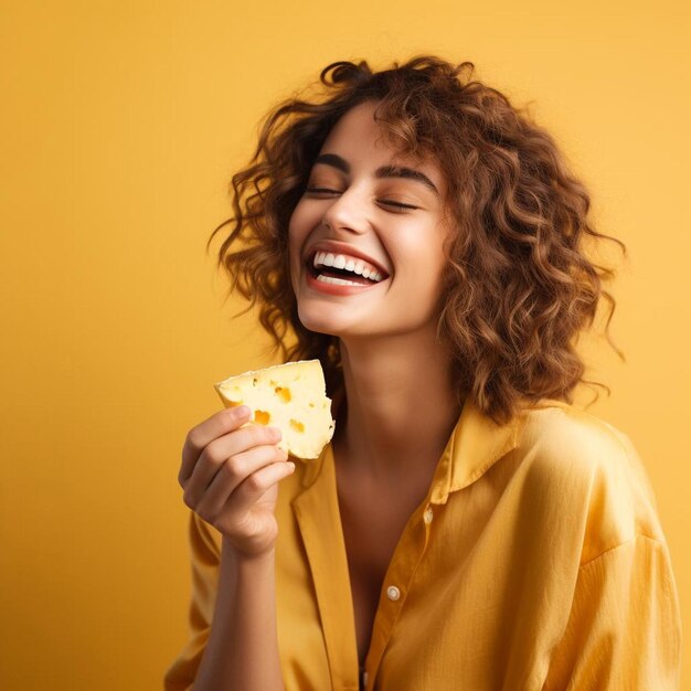 una donna sorride mentre tiene in mano un pezzo di formaggio