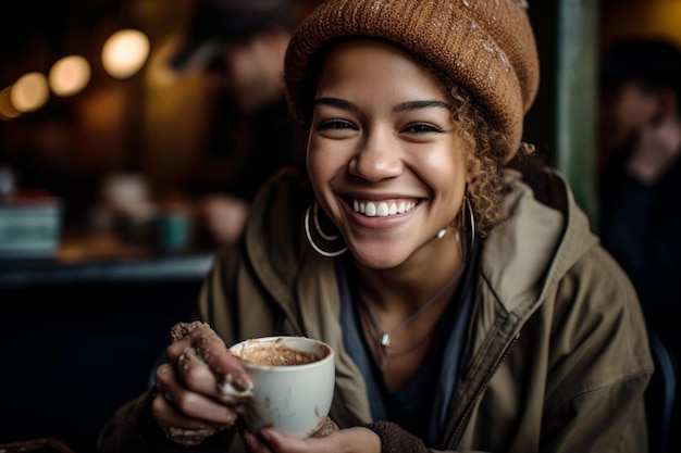 Una donna sorride mentre tiene in mano una tazza di caffè