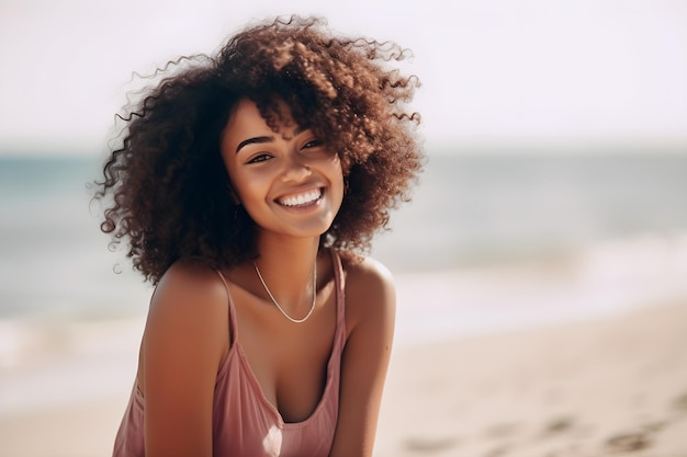 Una donna sorride sulla spiaggia e sorride.