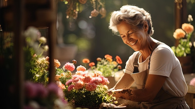 Una donna sorridente che fa il giardinaggio