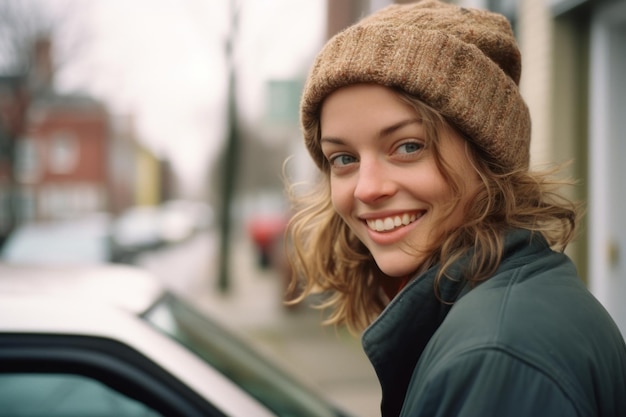 una donna sorridente che indossa un berretto in piedi davanti a un'auto