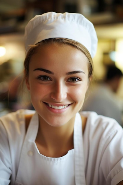 una donna sorridente che indossa un grembiule bianco con la parola non chiedermi su di esso