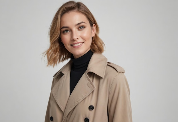 Una donna sorridente che indossa un trench over a turtleneck l'immagine ritrae l'eleganza casuale