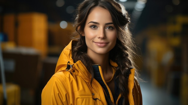 Una donna sorridente che lavora in un magazzino logistico di spedizione di una fabbrica industriale