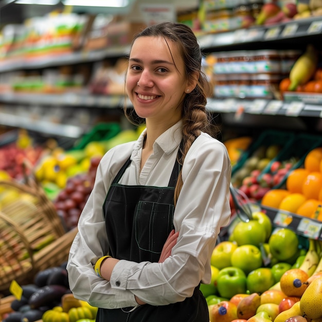 Una donna sorridente che lavora nella sezione frutta del supermercato guarda la telecamera