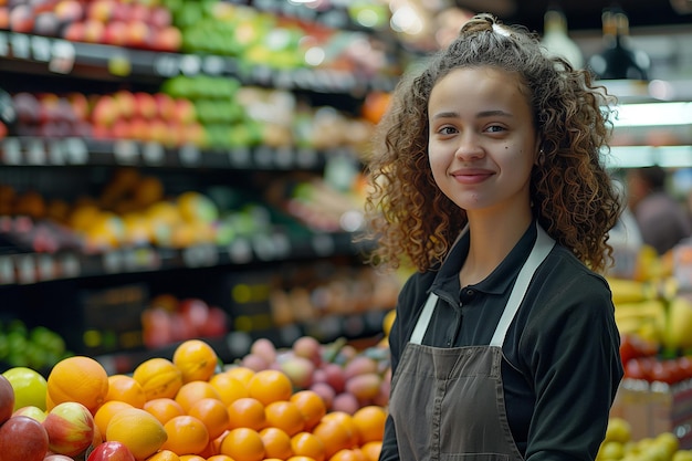 Una donna sorridente che lavora nella sezione frutta del supermercato guarda la telecamera