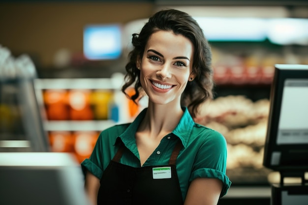 Una donna sorridente che serve una cassiera in un supermercato ha generato un lavoratore soddisfatto AI