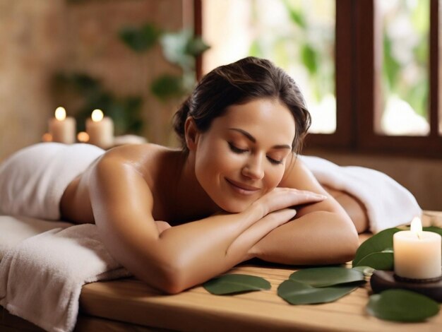 Una donna sorridente che si gode un massaggio con gli occhi chiusi in un resort termale