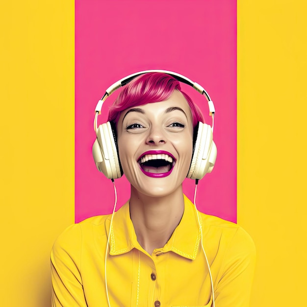 una donna sorridente che tiene le orecchie rivolte verso il viso nello stile del giallo e del magenta