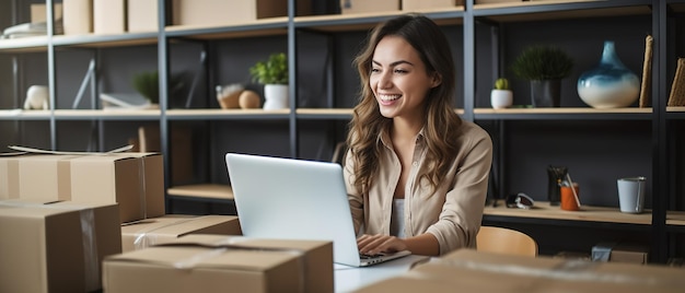 Una donna sorridente che vende scatole su ebay e nastro adesivo intorno a lei che lavora sul suo portatile una donna sorridente