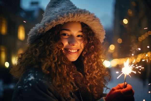 Una donna sorridente con i capelli ricci gode dell'atmosfera festiva