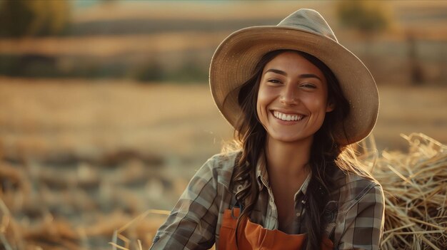 Una donna sorridente con un cappello di paglia seduta sul fieno