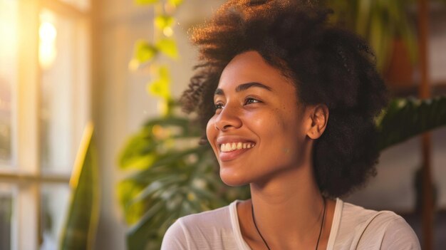 Una donna sorridente con un'espressione radiosa di gioia e felicità sul viso