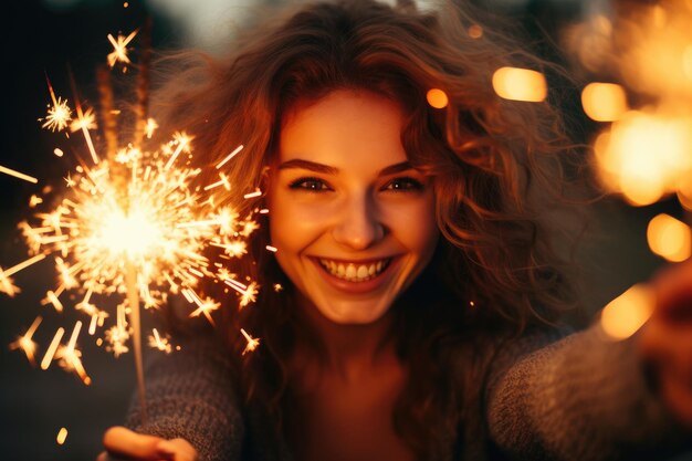 una donna sorridente con una scintilla in mano