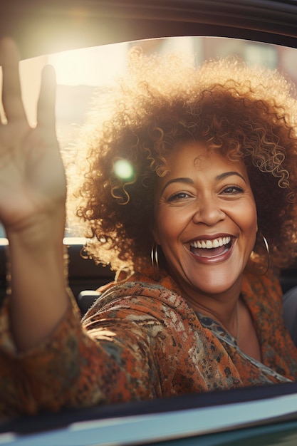 Una donna sorridente dice ciao seduto in macchina Gesto di viaggio e concetto di persone sorridente giovane donna afroamericana che agita la mano felice