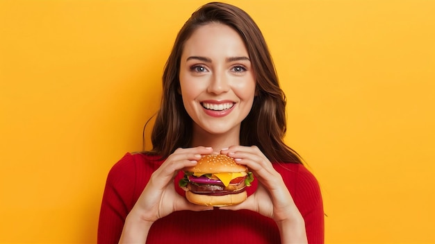 Una donna sorridente e carina che posa con un hamburger.