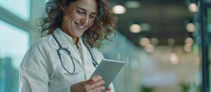 Una donna sorridente in abito medico