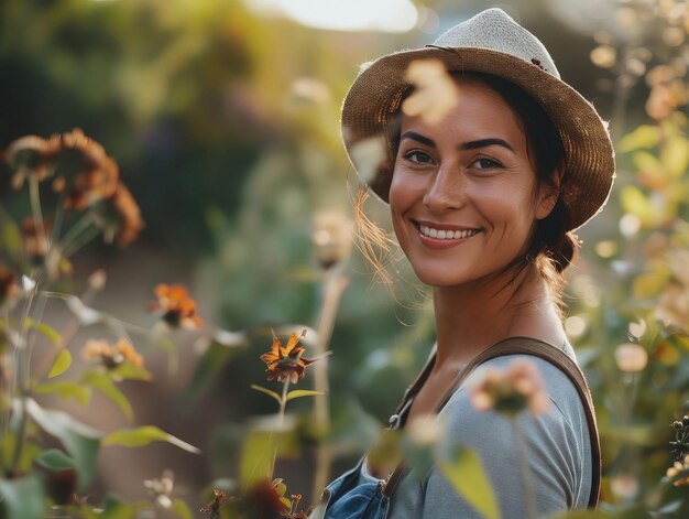 Una donna sorridente in un campo di fiori