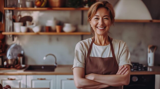 Una donna sorridente in un grembiule in piedi in una cucina