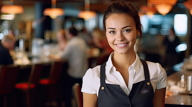 una donna sorridente in un grembiule si trova di fronte a un bar con un sorriso che dice sorriso