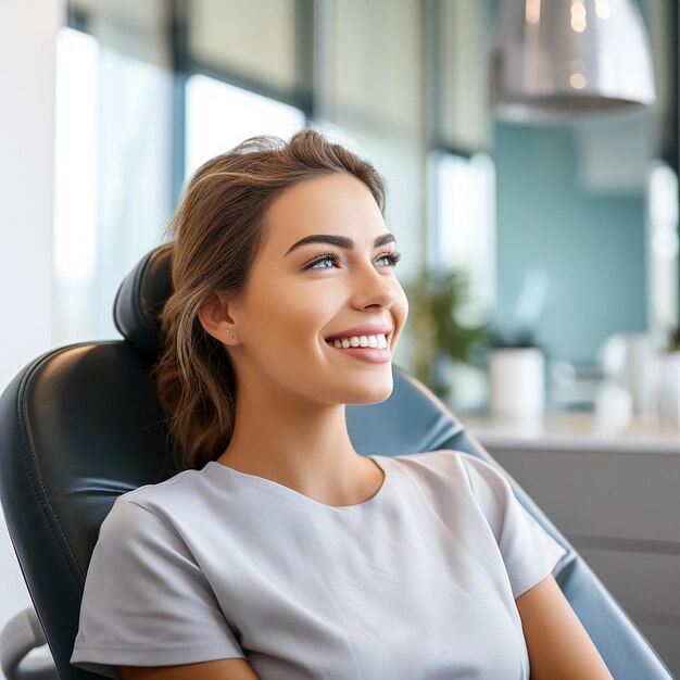 Una donna sorridente seduta sulla poltrona del dentista AI generativa