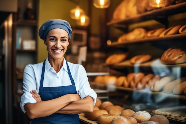 Una donna sorridente si trova davanti a una panetteria con del pane sul bancone.