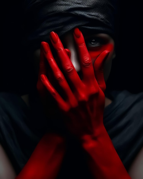 Una donna spaventosa mascherata con gli occhi bendati e le unghie rosse si copre il viso con le mani