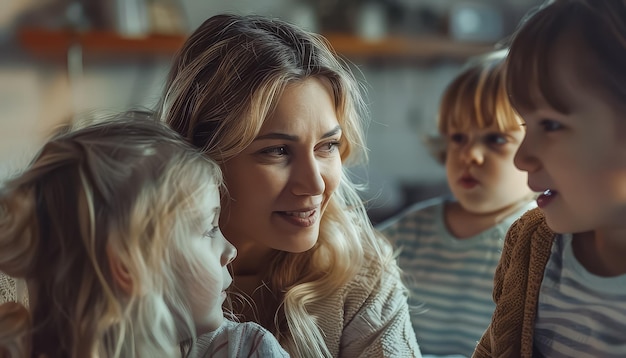 Una donna sta abbracciando due bambini piccoli