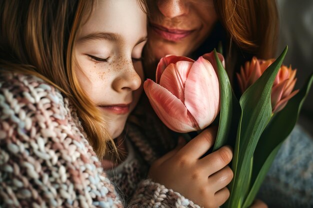 Una donna sta abbracciando un bambino e ci sono fiori rosa sullo sfondo