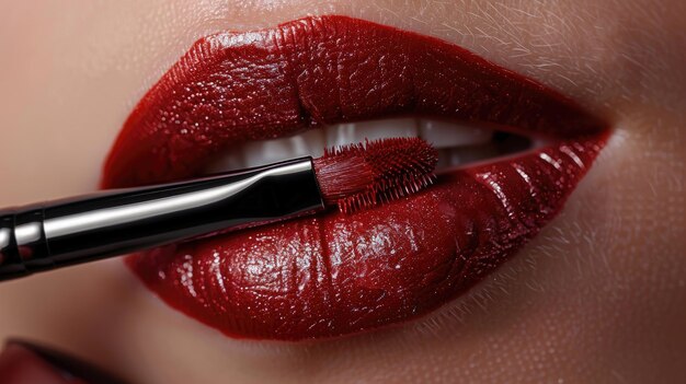 Una donna sta applicando il rossetto rosso con un pennello