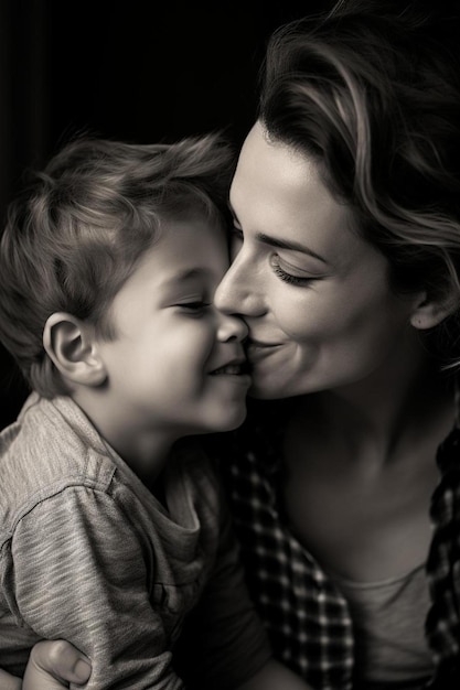 una donna sta baciando un bambino con la parola su di esso