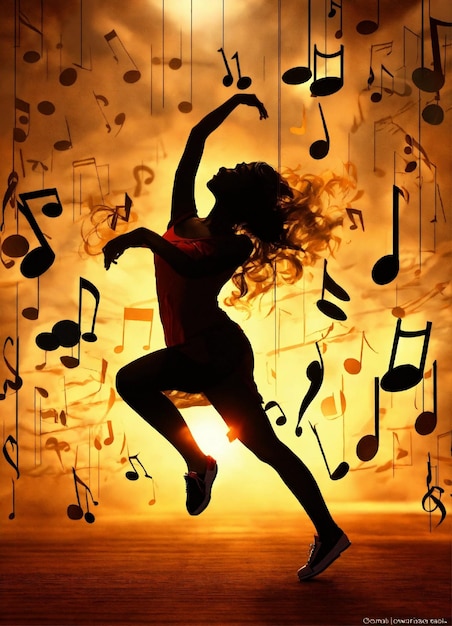 una donna sta ballando con note musicali e uno sfondo giallo
