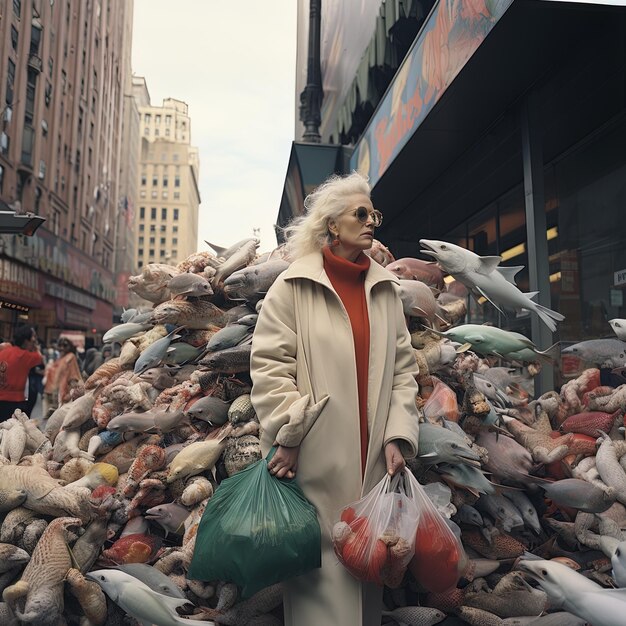 una donna sta camminando attraverso un mucchio di spazzatura