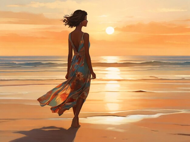 una donna sta camminando sulla spiaggia con il sole che tramonta dietro di lei