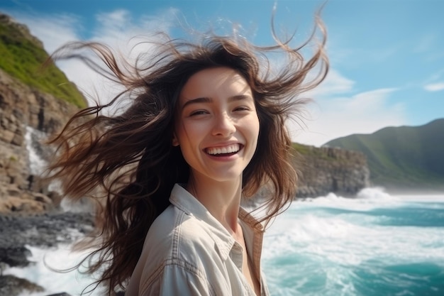 Una donna sta con sicurezza in cima a un'alta scogliera ammirando la vista maestosa del vasto e scintillante oceano sottostante Sfondo con vista sul mare e sulle montagne bellissimo sorriso della donna turistica Generato dall'intelligenza artificiale