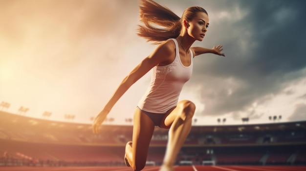 Una donna sta correndo su una pista e la parola pista è sulla parte anteriore dell'immagine.