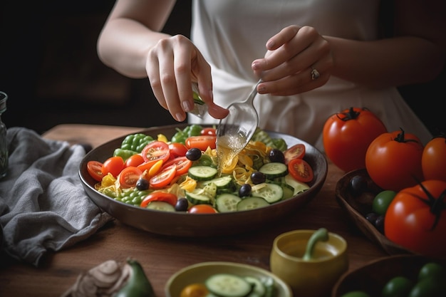 Una donna sta cospargendo di condimento un'insalata.