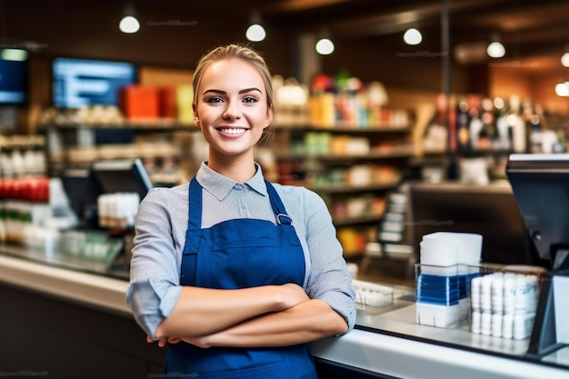 Una donna sta di fronte a un bancone con un grembiule blu che dice "è una cliente".