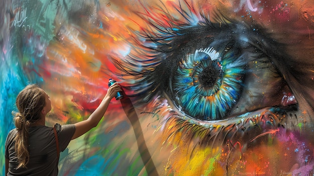 Una donna sta dipingendo con lo spray un murale di un occhio l'occhio è molto dettagliato e ha molti colori