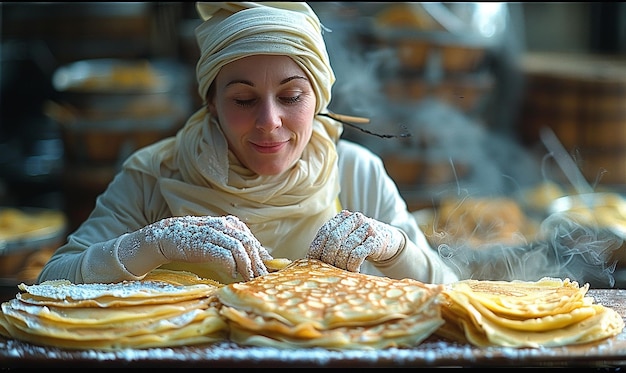 una donna sta facendo pancake con burro e pane