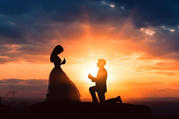 una donna sta facendo una proposta a un altro uomo al tramonto nello stile di un'emozione romantica blu scuro