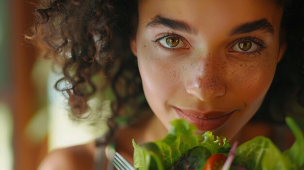 Una donna sta felicemente condividendo un'insalata di verdure a foglia all'evento